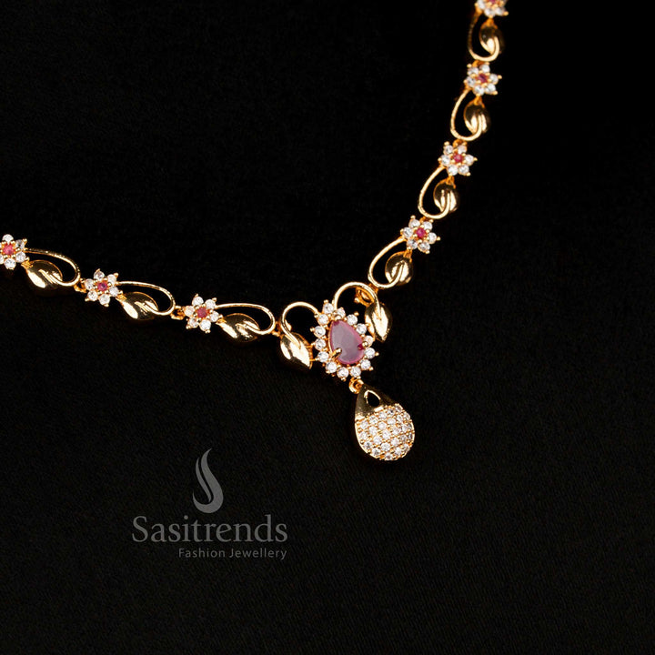 Dual-tone elegance micro gold plated AD teardrop pendant necklace with sparkling white and ruby stones, perfect for bridal wear and festive sophistication – Sasitrends