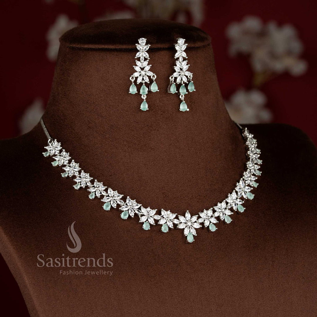 Glamour Petals rhodium silver plated mint American Diamond blush flora necklace set with designer earrings for festive and party wear – Sasitrends