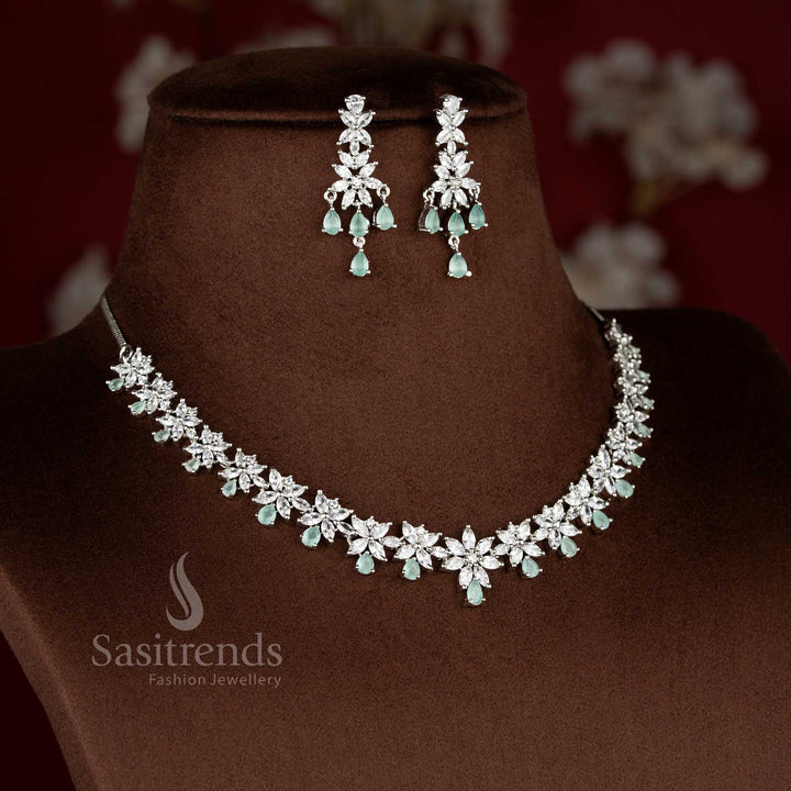 Glamour Petals rhodium silver plated mint American Diamond blush flora necklace set with designer earrings for festive and party wear – Sasitrends