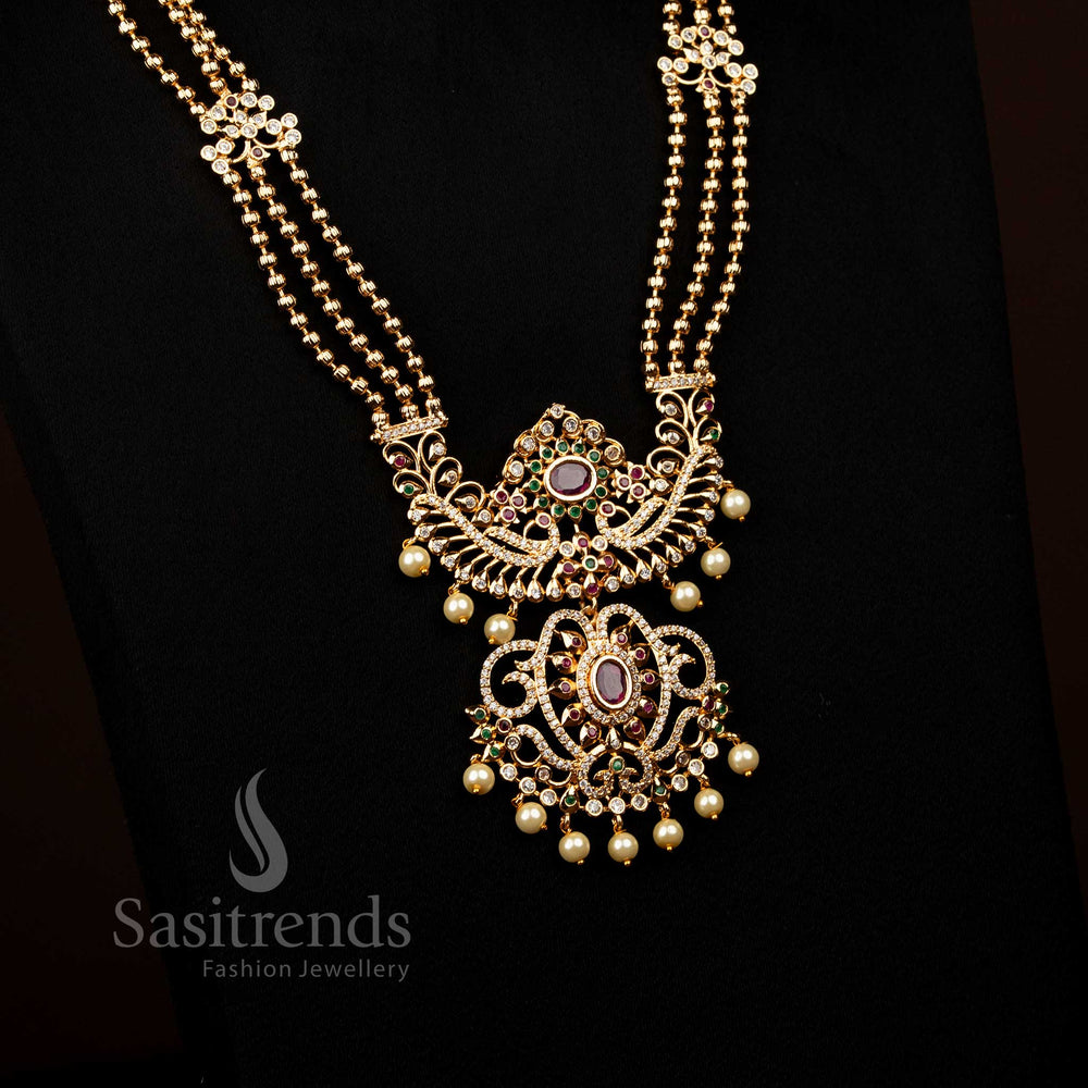 Exquisite guaranteed micro gold plated AD peacock floral multi-colour 3-layer haram necklace designed for glamorous festive celebrations – Sasitrends