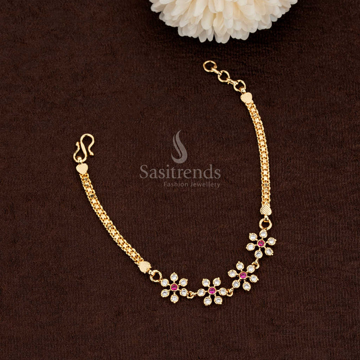 Majestic Impon Addigai Micro Gold Plated Spiral Floral AD Stone Bracelet Set in white and ruby colours with traditional elegance and artisan detailing – Sasitrends