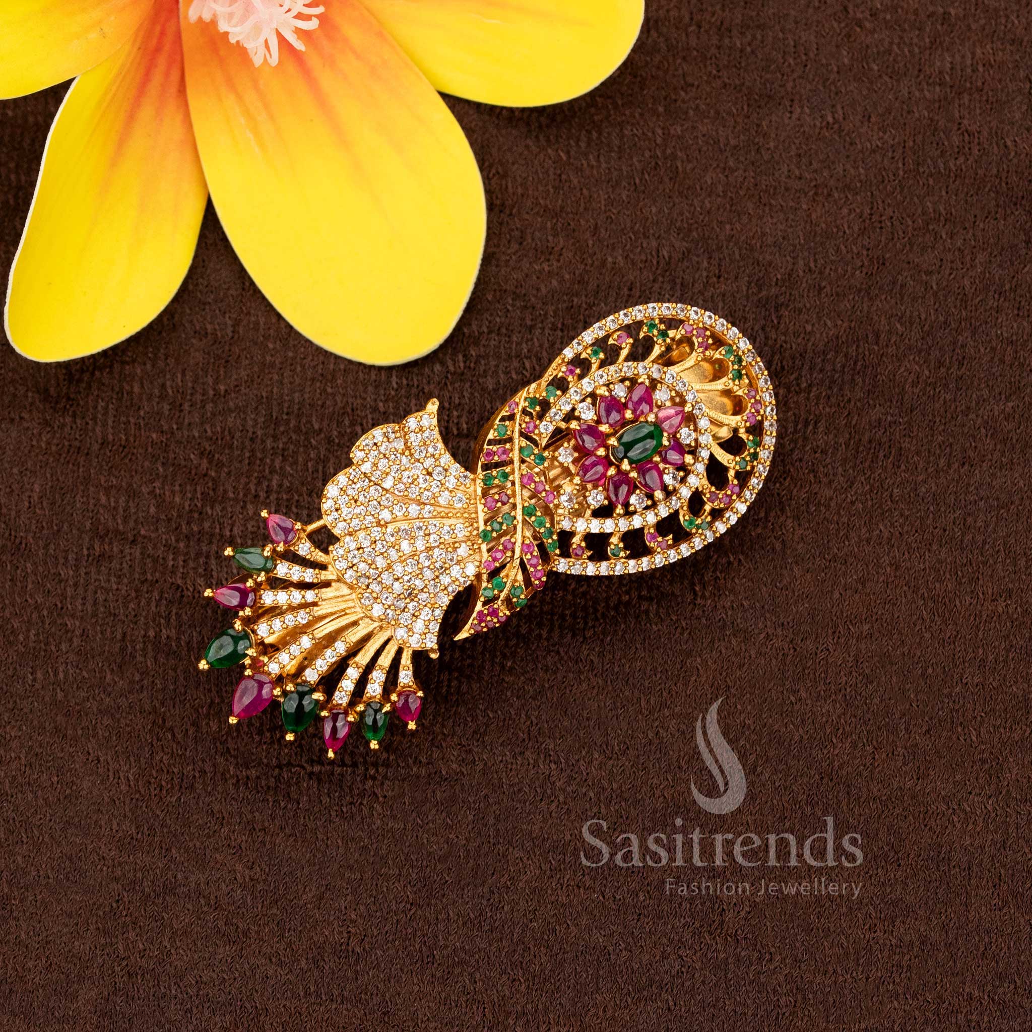 Exquisite multi colour matte gold plated hair clip adorned with American diamond stones, designed for festive cultural looks and elegant gatherings – Sasitrends