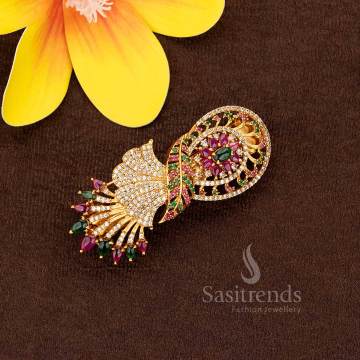 Exquisite multi colour matte gold plated hair clip adorned with American diamond stones, designed for festive cultural looks and elegant gatherings – Sasitrends