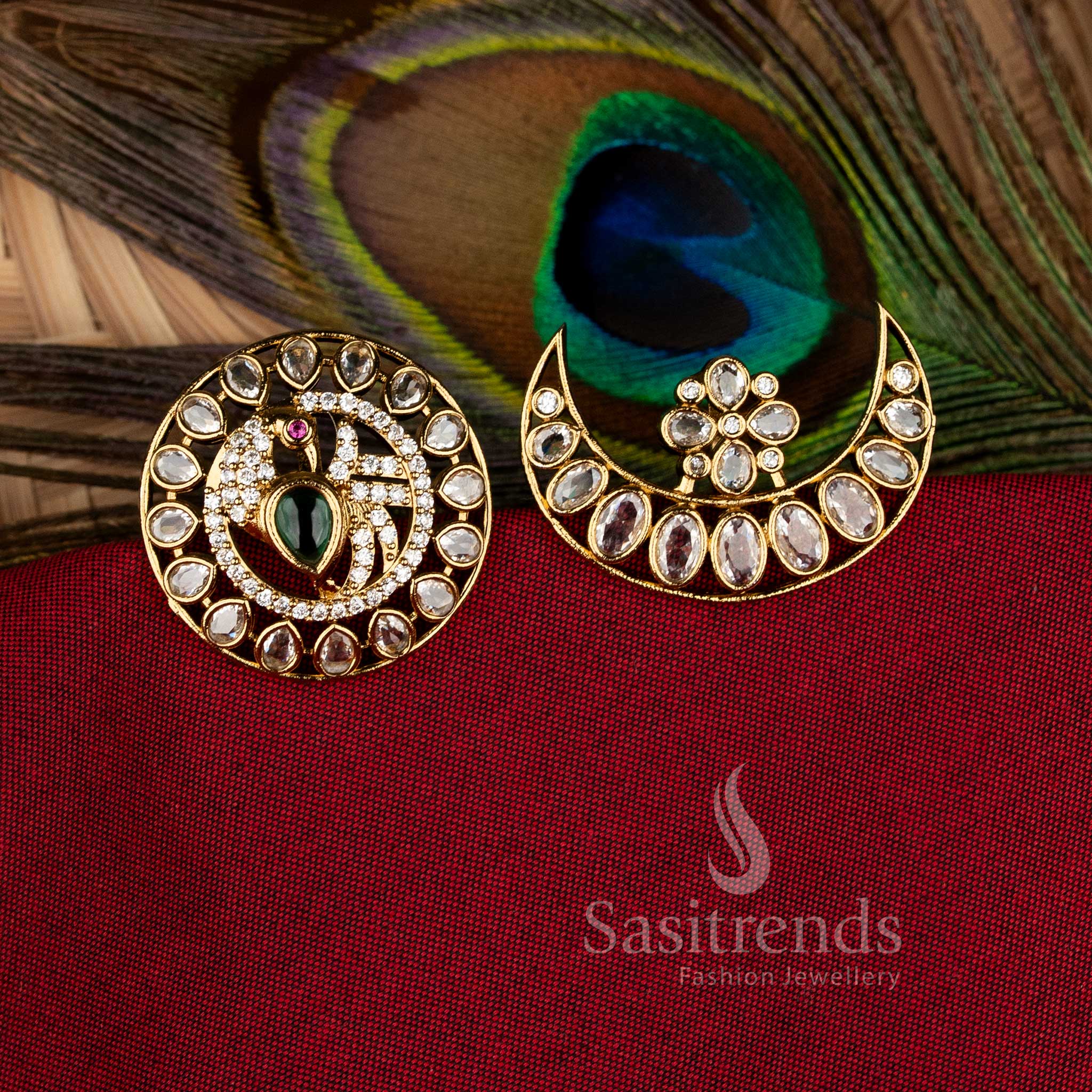 Graceful temple matte gold plated peacock floral crescent jadai billai hair accessories with white-multi stones, designed to elevate bridal hairstyles with divine shine and traditional craftsmanship by Sasitrends