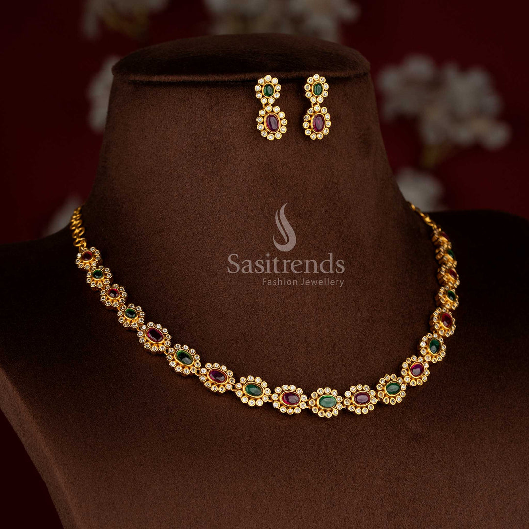 Elegant matte gold plated ruby-green oval floral AD necklace set with matching earrings for stylish festive and evening looks – Sasitrends