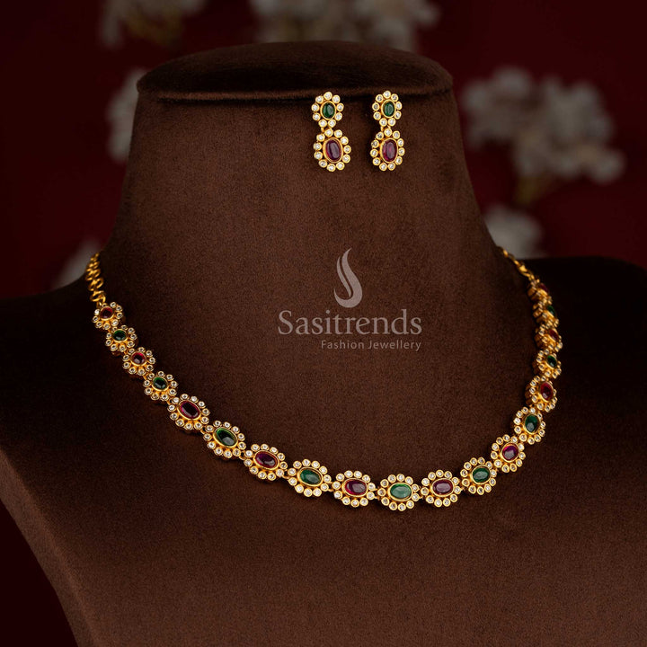 Amazing Matte Gold Plated Oval Floral AD Necklace Set for Silk Sarees, Festive Kurtis & Traditional Occasions