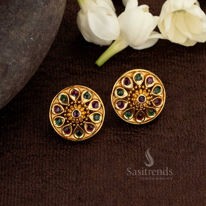Magnificent Ruby Green Stud Earrings With Matte Gold Finish And Brilliant American Diamond – Premium Heritage Jewellery Crafted For Festive Splendour – Sasitrends