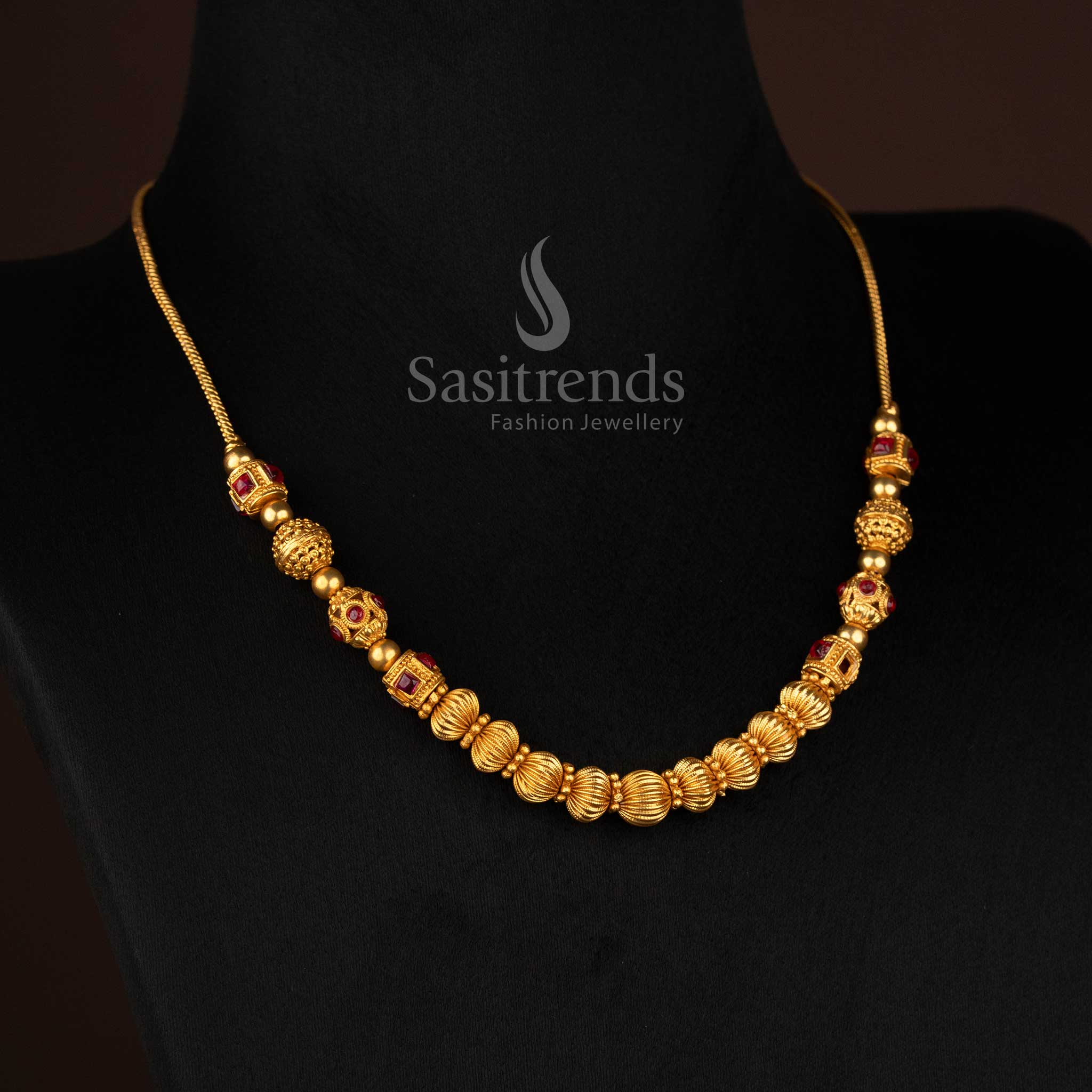 Grand Temple Matte Gold Plated Traditional Ball Chain Necklace with Regal Aura, Perfect for Grand Festive Jewellery Ensembles – Sasitrends