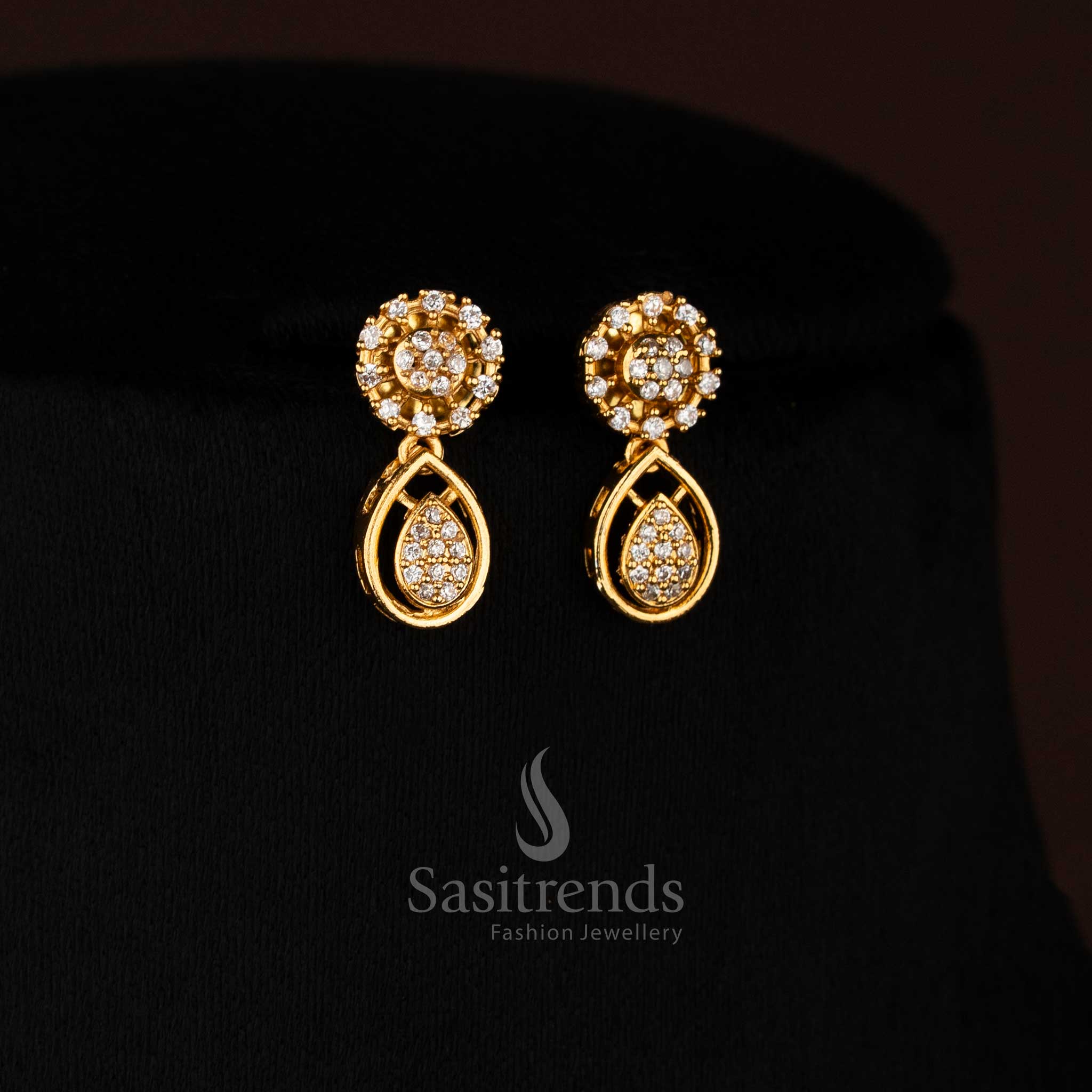 Majestic micro gold plated teardrop earrings with lustrous white stones, ideal for grand celebrations, weddings, and festive party jewellery - Sasitrends