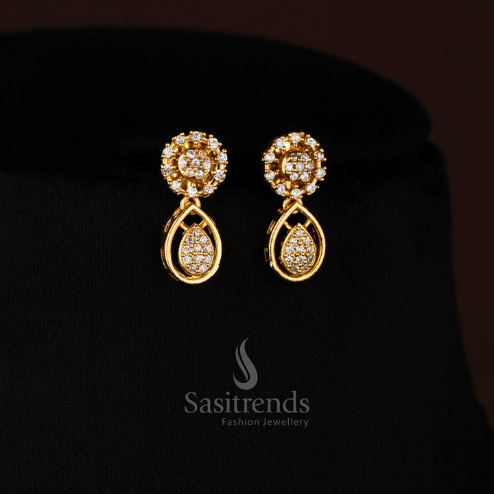 Majestic micro gold plated teardrop earrings with lustrous white stones, ideal for grand celebrations, weddings, and festive party jewellery - Sasitrends