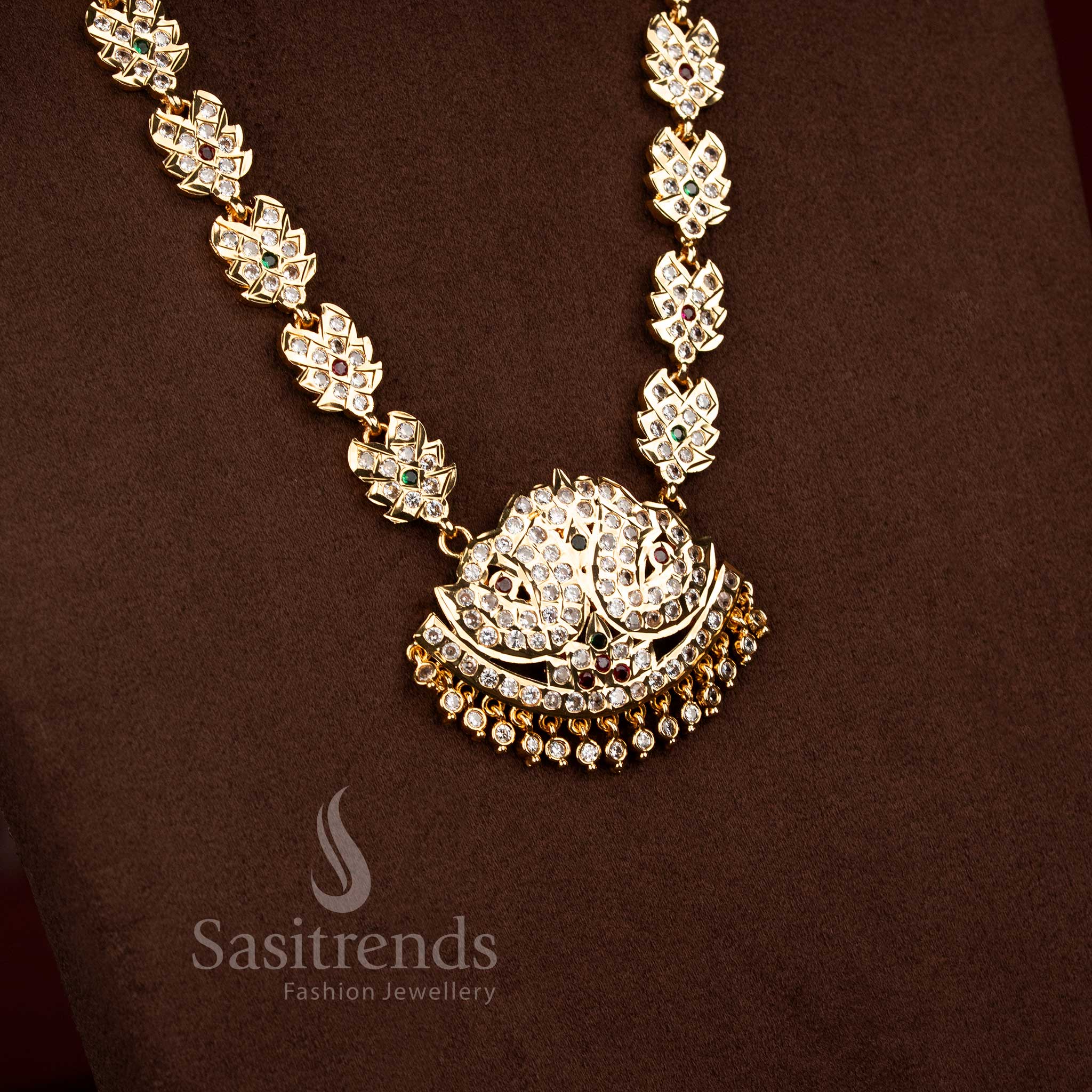 Magnificent traditional impon addigai micro gold plated long haram necklace with leaf lotus motifs multi colour for grand celebration wear - Sasitrends