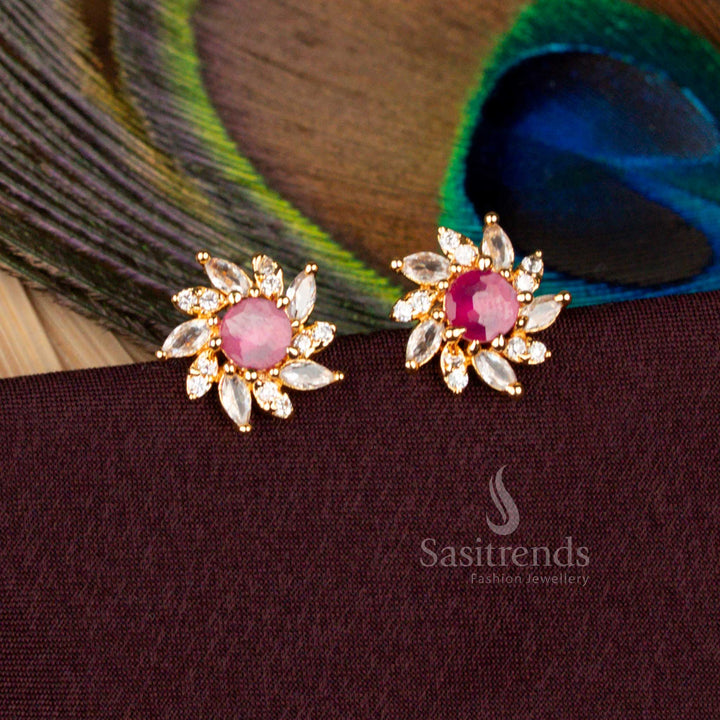 Gorgeous white ruby floral AD stud earrings plated in micro gold with a one gram 24 carat pure gold look designed for bridal functions, festive occasions, and temple jewellery styling - Sasitrends
