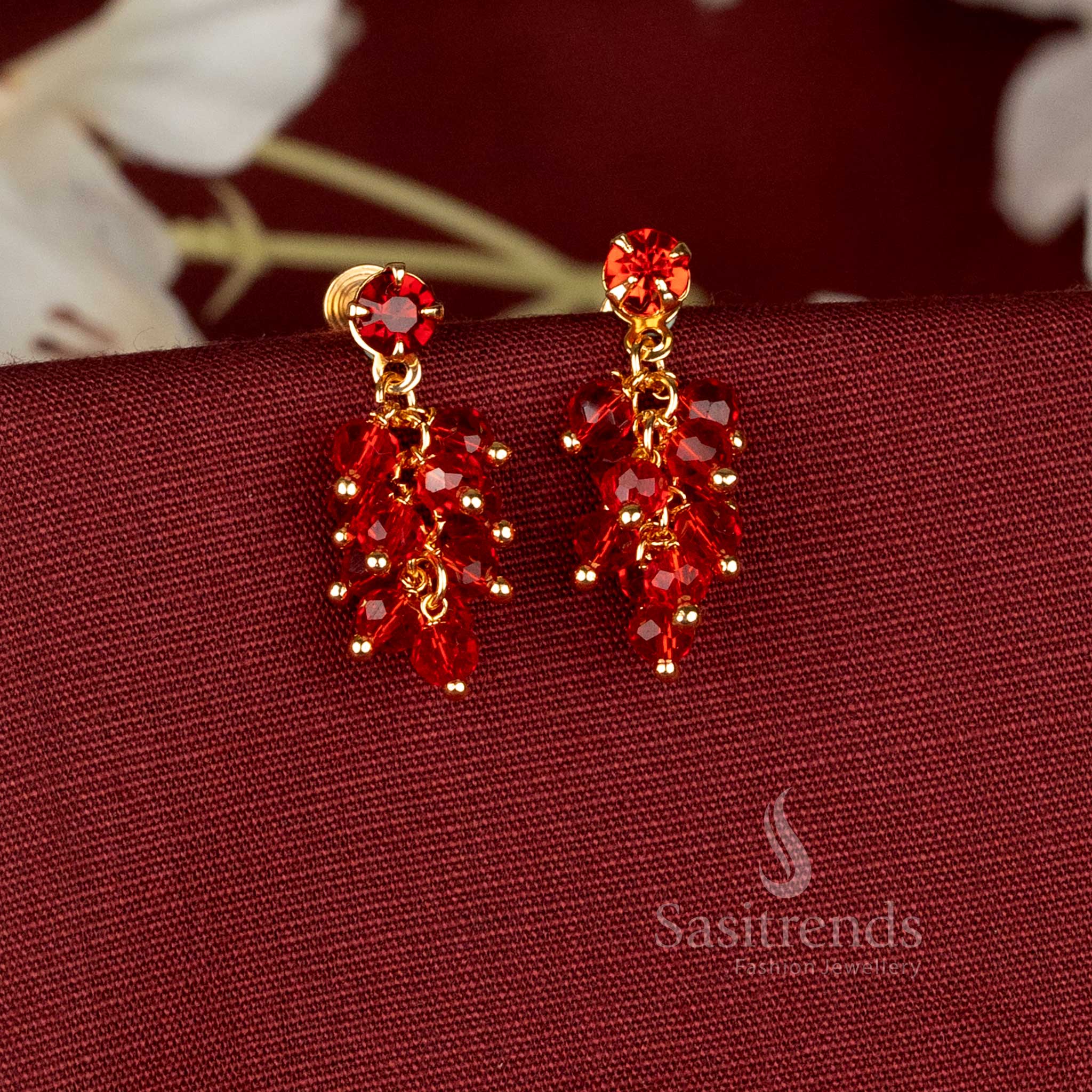 Majestic micro gold plated red grape cluster crystal earrings designed to elevate elegant celebration wear with striking brilliance – Sasitrends