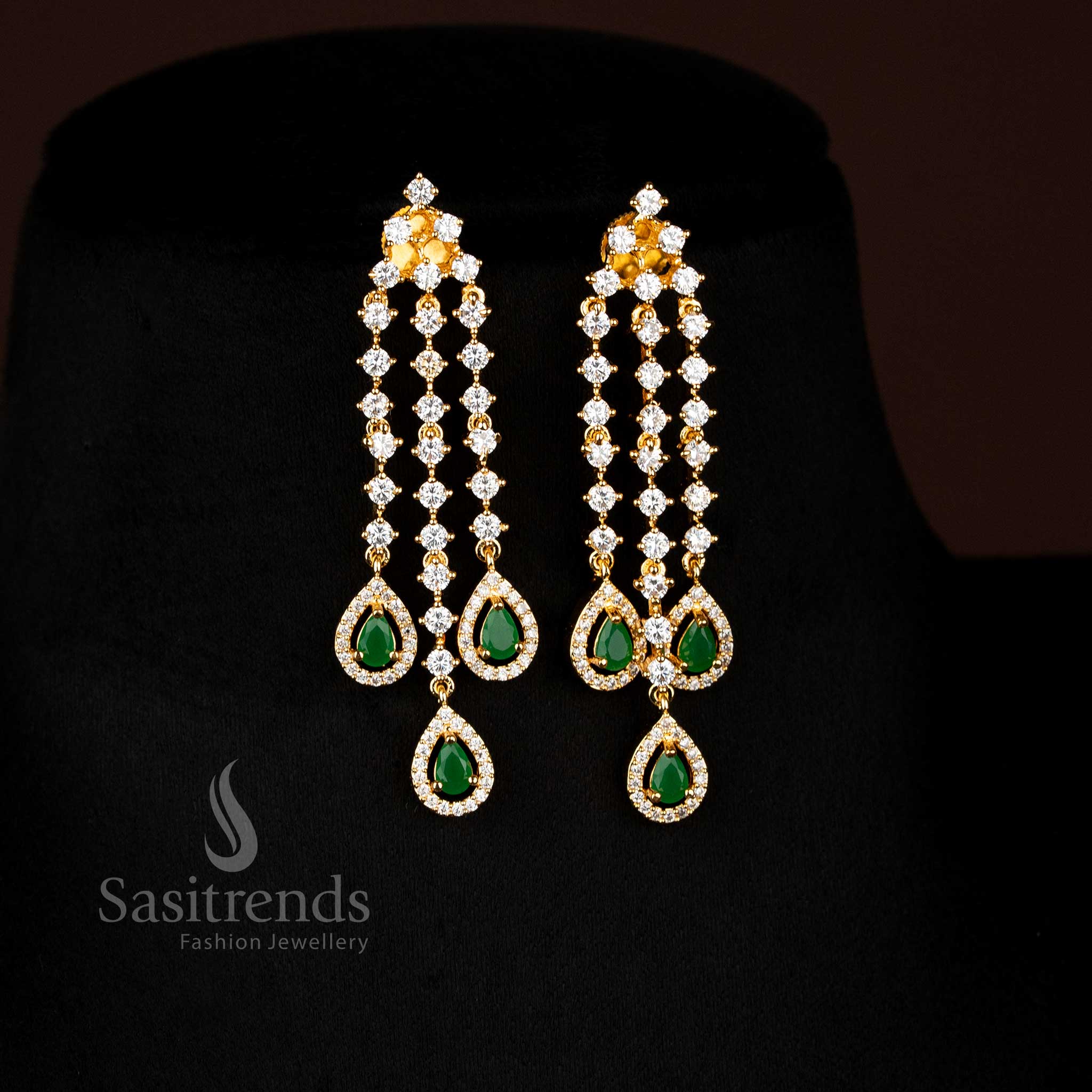 Exquisite guaranteed white-green American diamond micro gold plated drop earrings jewellery set designed for party glow – Sasitrends