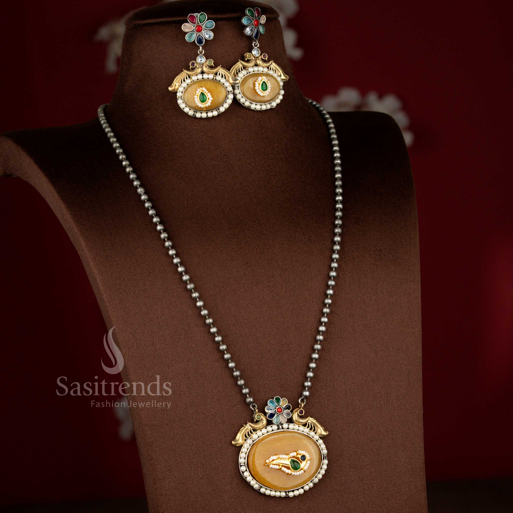 Grand-Multi-Antique-Oxidised-92.5-Silver-Plated-Peacock-Oval-Stone-Pendant-Long-Necklace-Set-Sasitrends