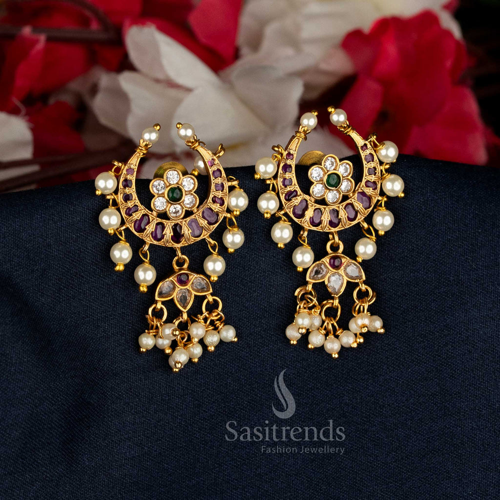 Vibrant multi temple matte gold AD pearl earrings blending colourful radiance with regal cultural appeal – Sasitrends