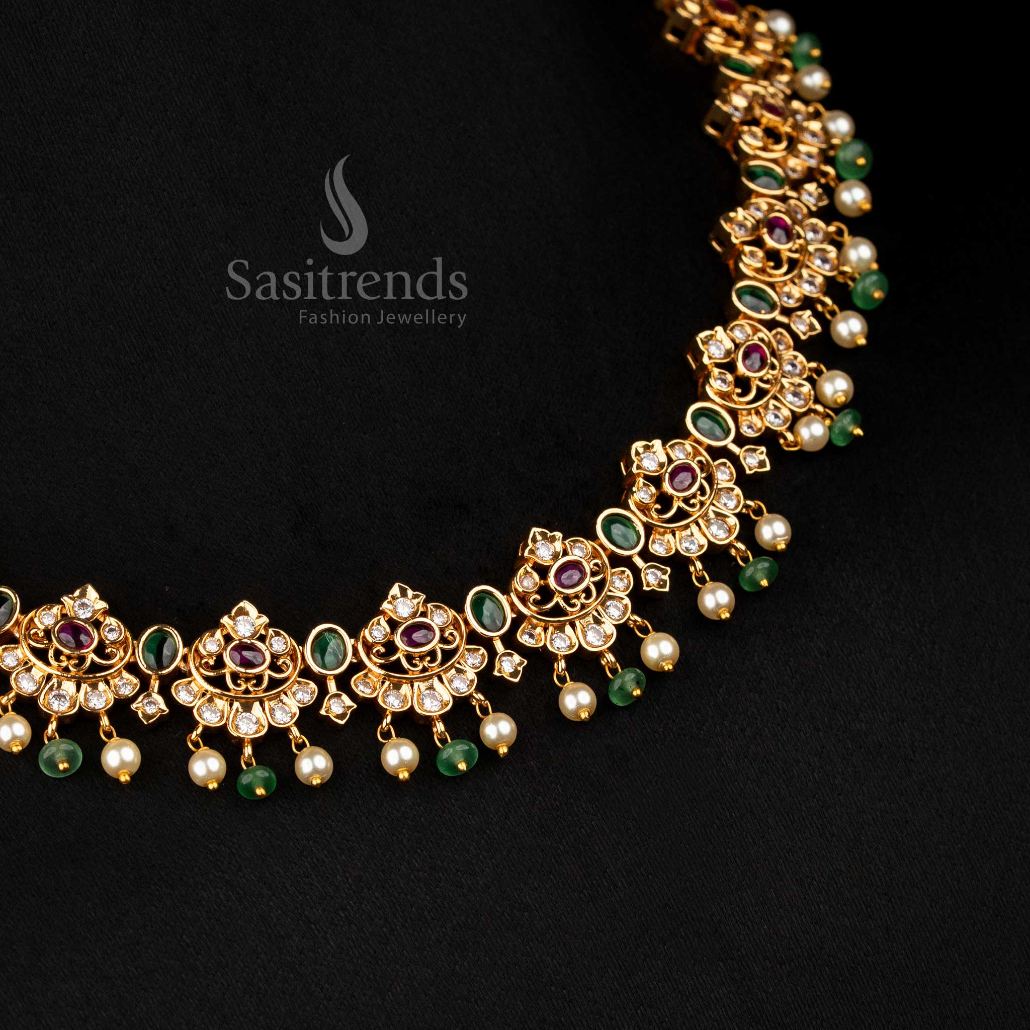 Enchanting multi-colour matte gold plated crescent-shaped floral necklace with oval AD stones, perfect to wear for weddings and festive occasions – Sasitrends