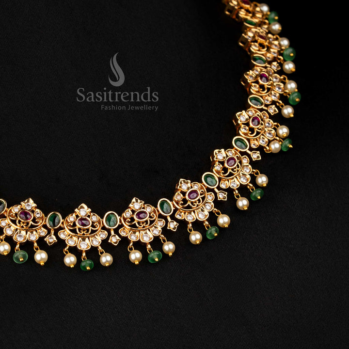 Enchanting multi-colour matte gold plated crescent-shaped floral necklace with oval AD stones, perfect to wear for weddings and festive occasions – Sasitrends