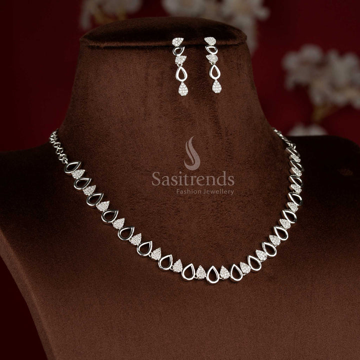 Stunning Party Wear American Diamond Rhodium Silver Plated Teardrop Design Necklace Jewellery Set