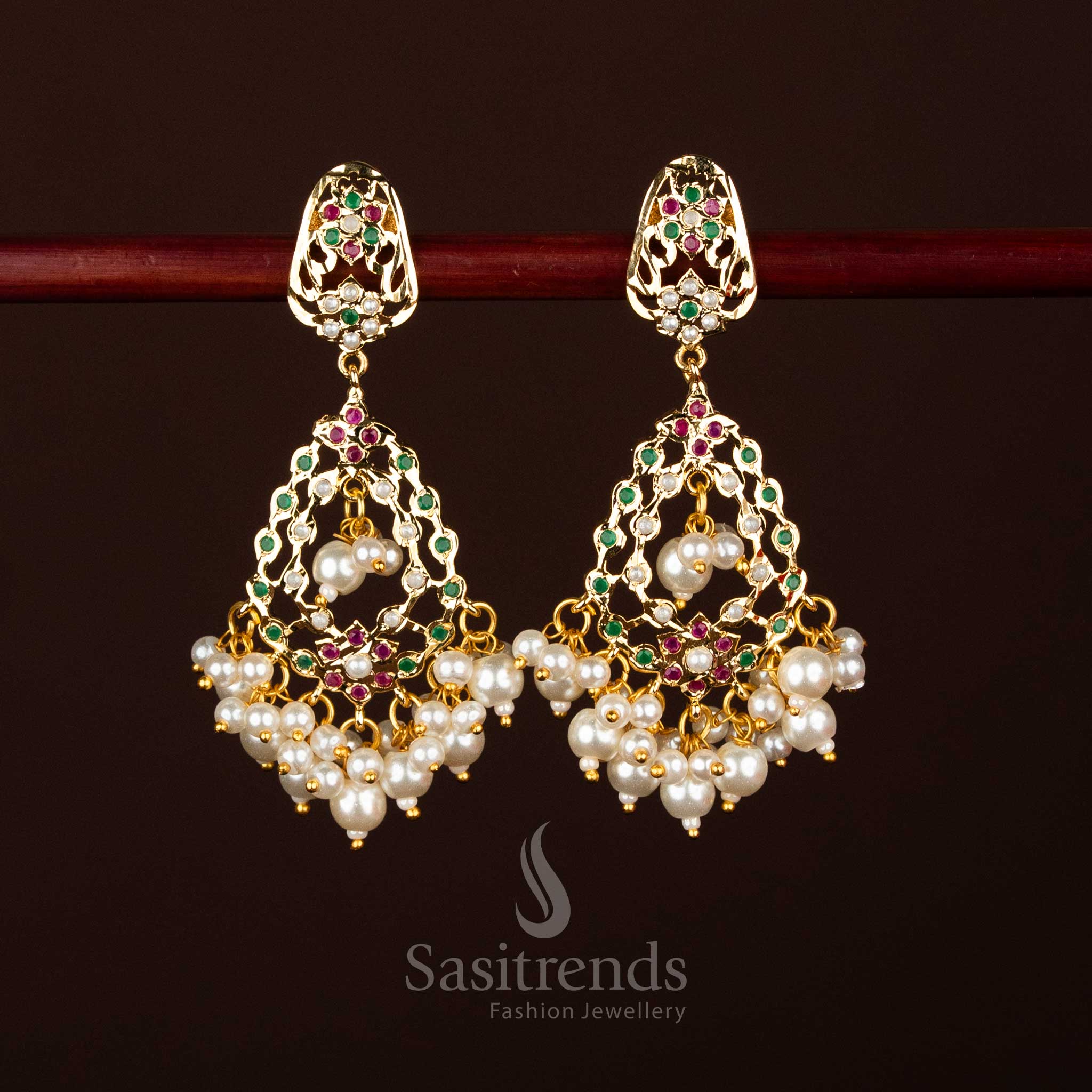 Regal pearl ruby green Jadau kite stud featuring inverted triangle dangler with pearl drops for festive occasions – Sasitrends