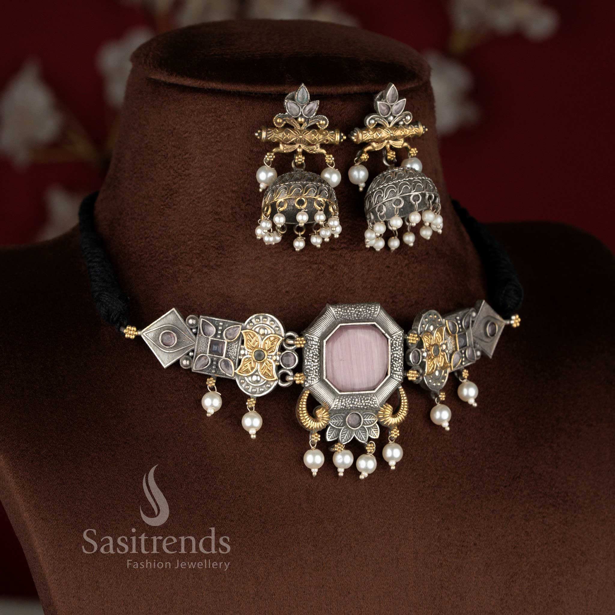 Classic pink oxidised mandala floral pearl choker necklace set with coordinated earrings – Sasitrends