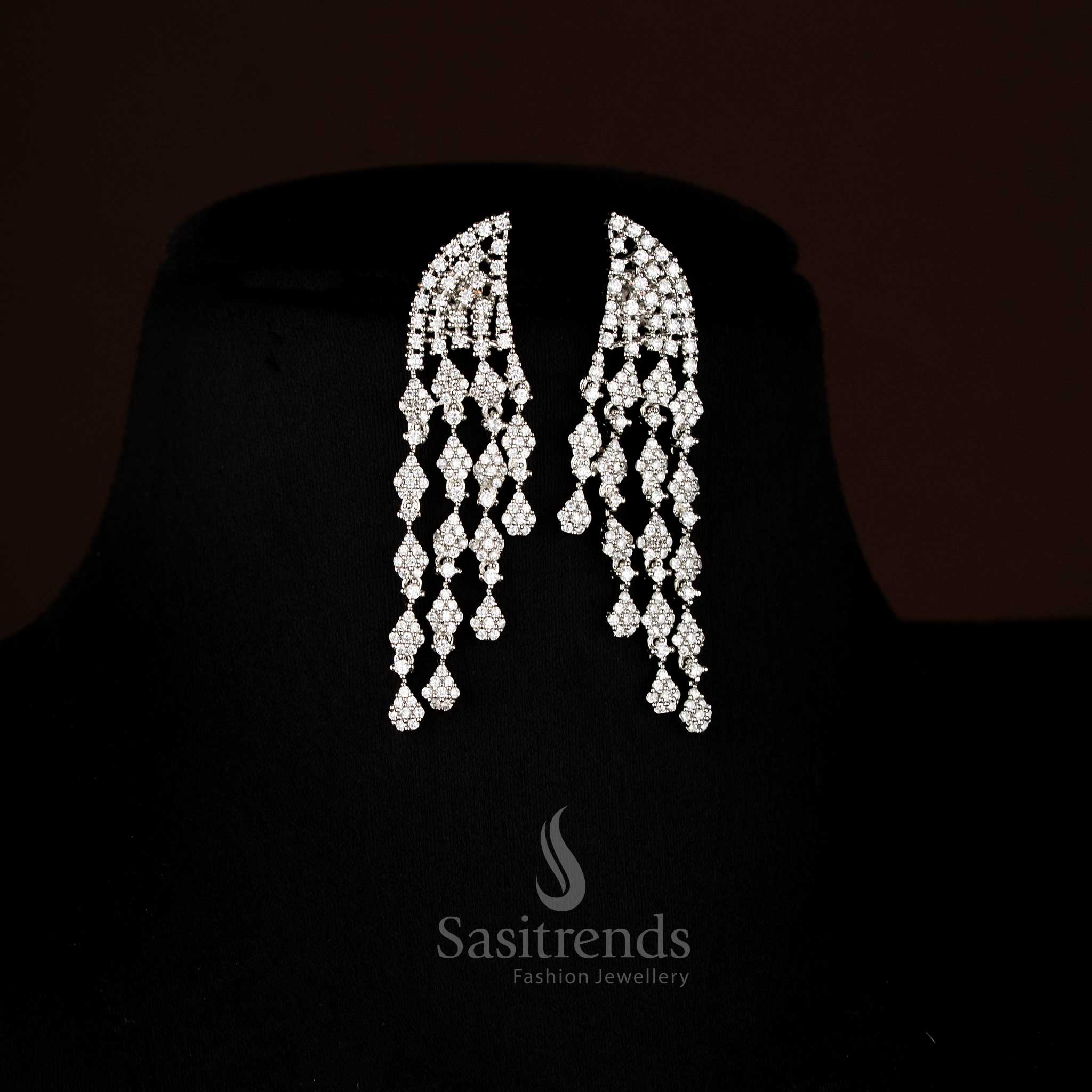 Radiant American Diamond Lotus Stud Earrings in Rhodium Silver Plating, Perfect for Party Wear and Modern Jewellery Styling – Sasitrends