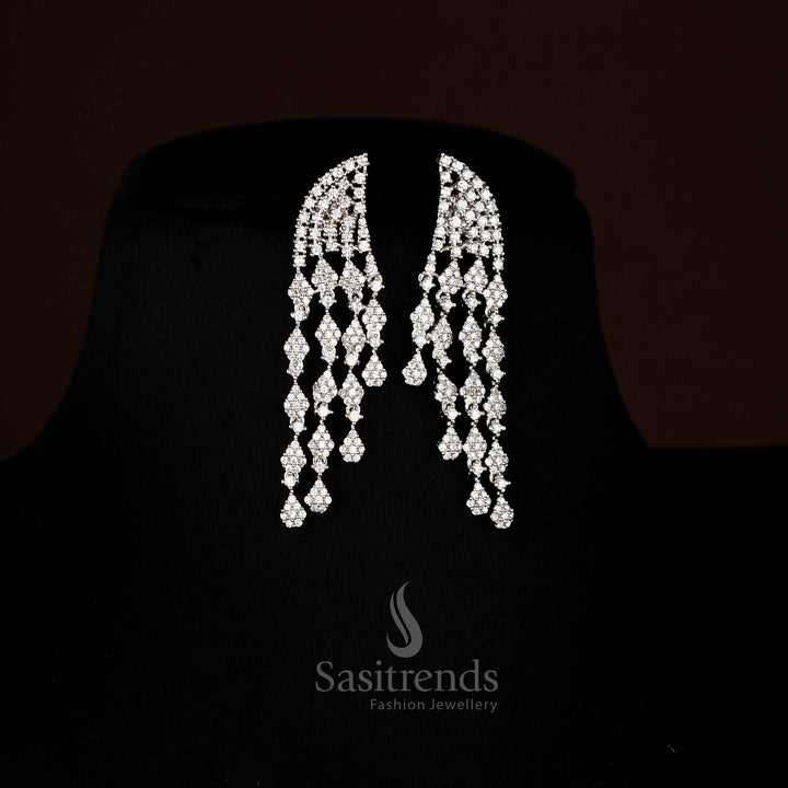 Radiant American Diamond Lotus Stud Earrings in Rhodium Silver Plating, Perfect for Party Wear and Modern Jewellery Styling – Sasitrends