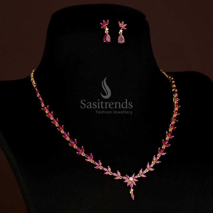 Majestic American diamond micro gold plated necklace jewellery set with ruby stones designed for classic party wear - Sasitrends