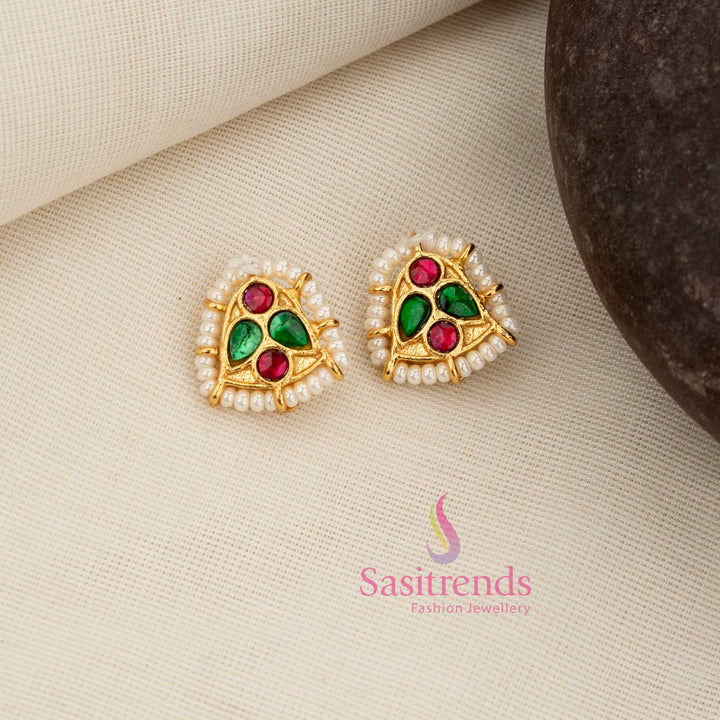 Regal ruby-green Kundan triangle stud bugadi earcuff featuring pearl border ideal for traditional and cultural South Indian festive temple jewellery – Sasitrends