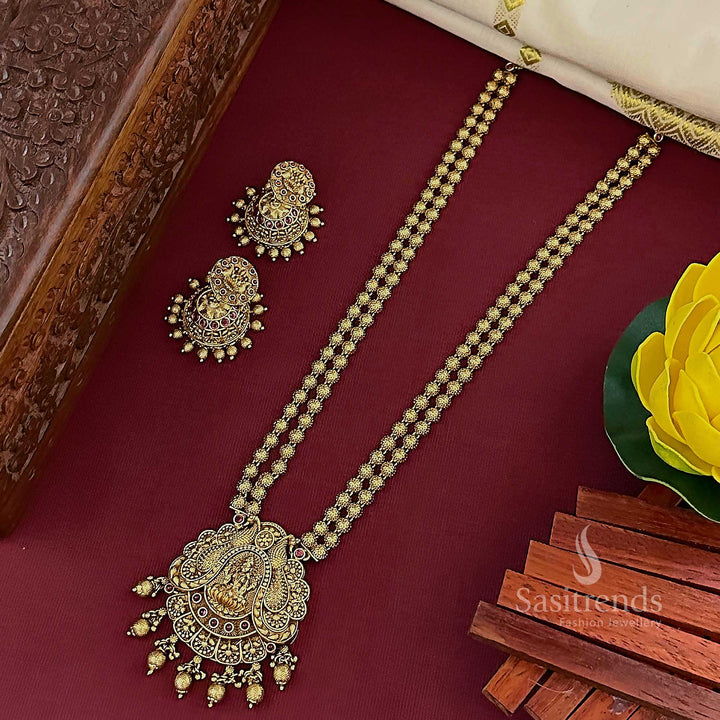 Traditional Temple Matte Gold Plated Lakshmi Pendant 2-Layer Long Jewellery Set with Jhumkas - New Jewellery Collection | Sasitrends