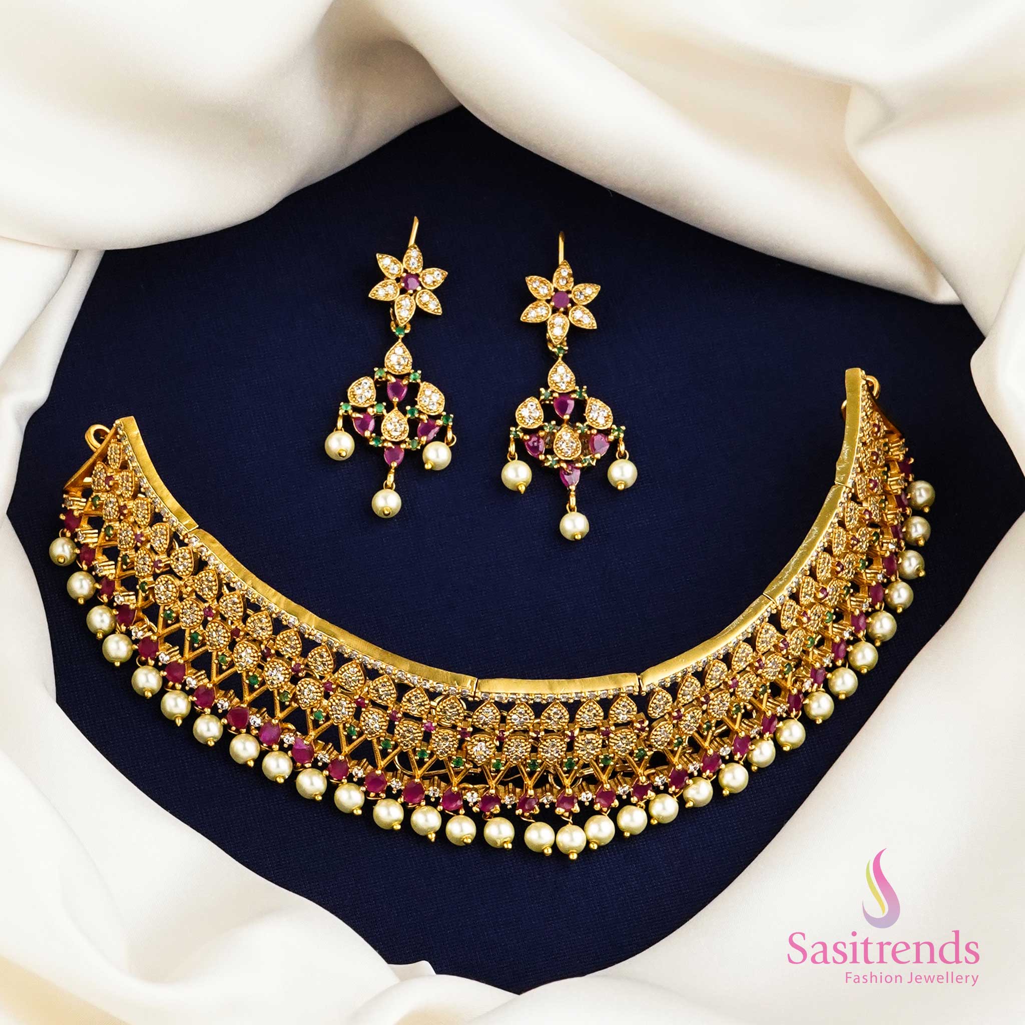 Regal temple-style matte gold choker jewellery set featuring radiant AD stones and ornate floral patterns – a bridal treasure for festive elegance – Sasitrends