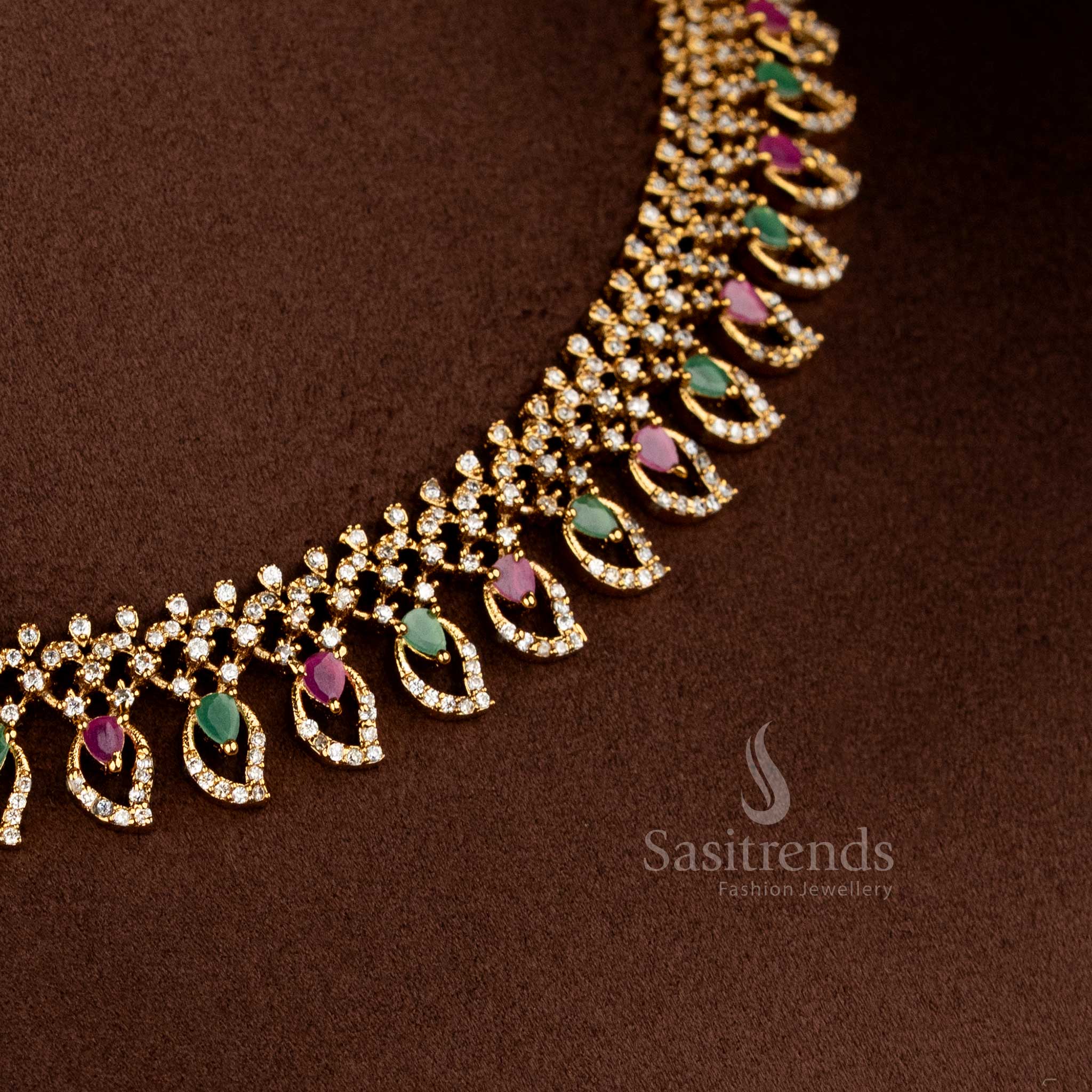 Trendy temple matte gold plated multi mango leaf necklace with floral design and American diamond stones for women – Sasitrends