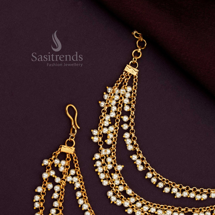 Heritage Inspired Gold Plated Three Layer Pearl Hanging Matil Crafted For Brides Seeking Timeless Wedding Elegance - Sasitrends