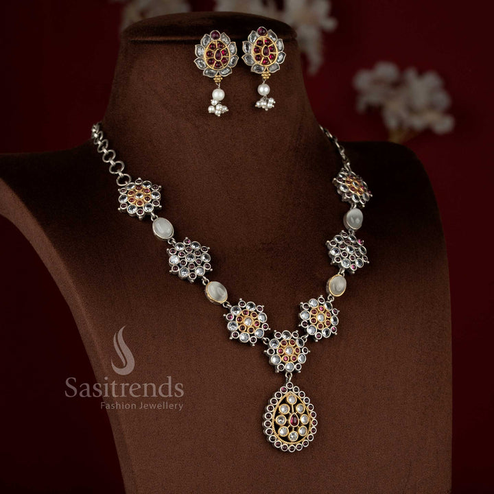 Twilight Charm Dual Tone Oxidised 92.5 Silver Plated Floral Cluster Teardrop Pendant Necklace Jewellery Set for Navaratri Celebrations