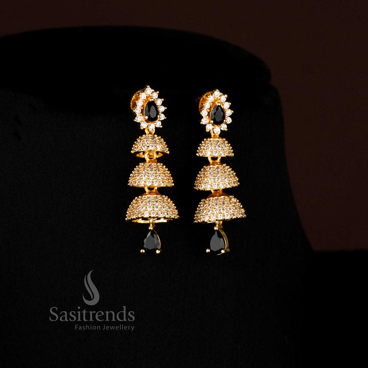 Majestic American Diamond Gold Plated Brass Triple Layer Bell Pattern Jhumka Earrings for FestiveWear