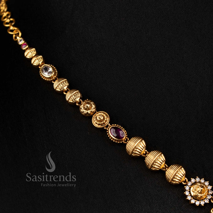 Radiant white-ruby temple matte gold plated lotus Lakshmi Necklaceadorned with pearl drops, perfect to wear for festive cultural gatherings and family ceremonies – Sasitrends
