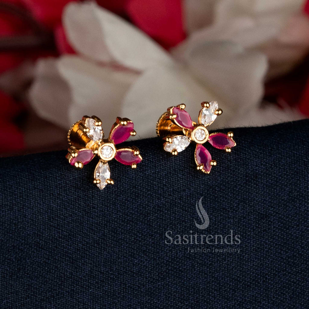 Opulent White-Ruby Micro Gold Plated AD Stone Floral Stud Earrings adorned with dual gemstone brilliance, blending elegance and charm for cultural gatherings and festive ceremonies — Sasitrends