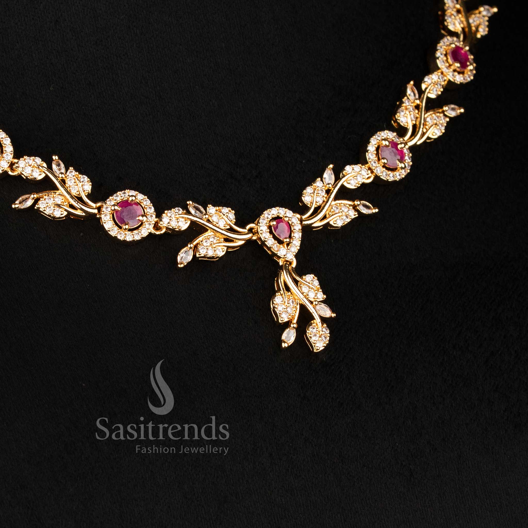 Ethereal White-Ruby Micro Gold Plated American Diamond Floral Vine Necklace Set, Designed for Traditional Festive and Bridal Jewellery Occasions – Sasitrends