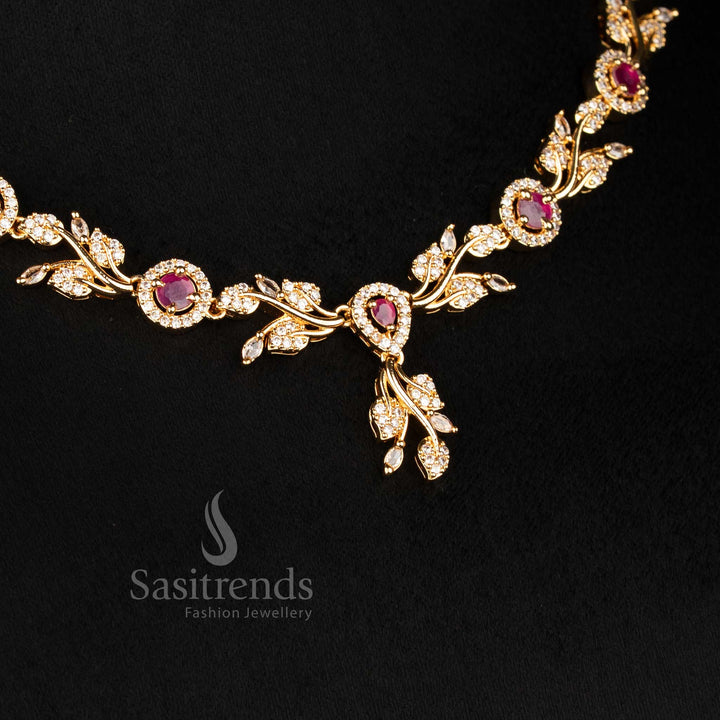 Ethereal White-Ruby Micro Gold Plated American Diamond Floral Vine Necklace Set, Designed for Traditional Festive and Bridal Jewellery Occasions – Sasitrends