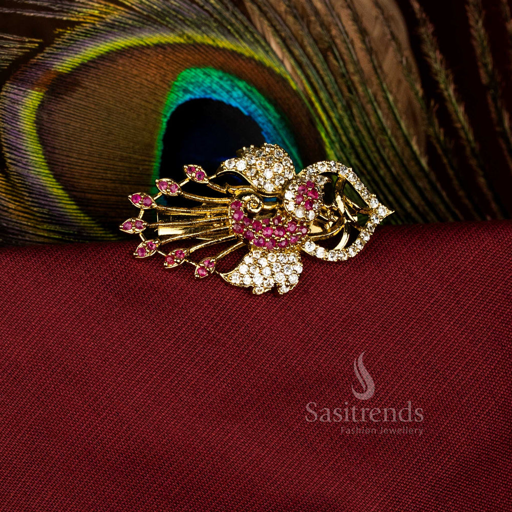 Exquisite White-Ruby American Diamond Peacock Saree Pin with Intricate Feather Motif and Mahendi Finish, Perfect for Traditional Festive and Bridal Jewellery – Sasitrends