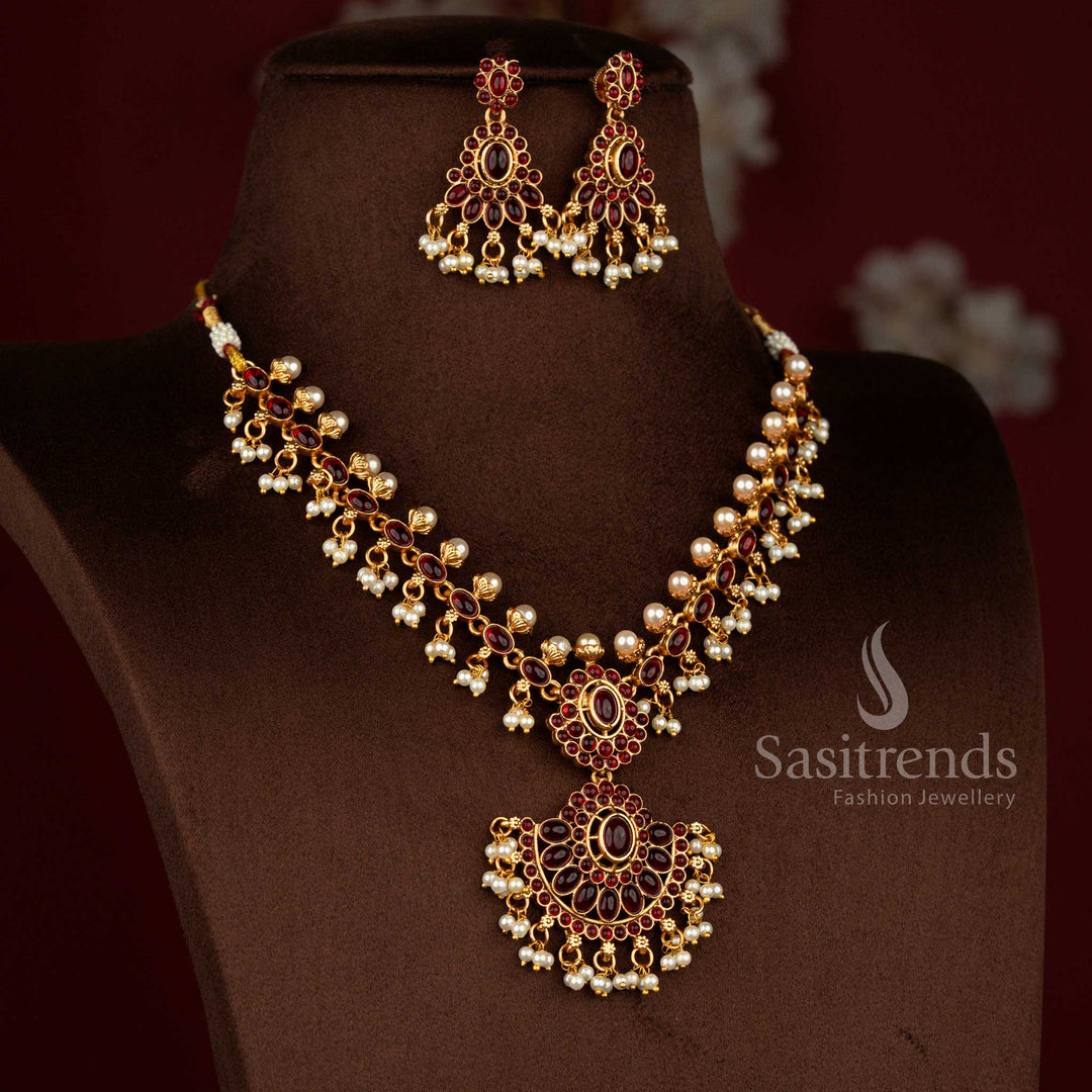 Grand matte gold bloom necklace set with oval ruby highlight perfect for receptions and traditional functions – Sasitrends