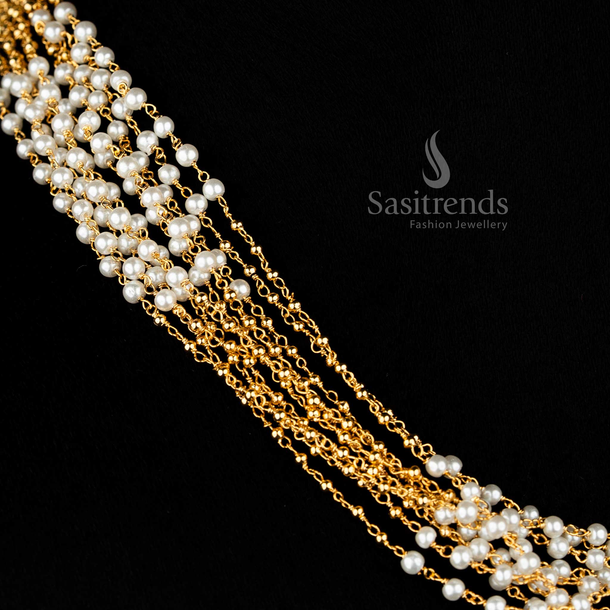 Royal multi-layer gold plated Maalai necklace featuring radiant pearls, designed to enhance traditional saree draping and lehenga ensembles – Sasitrends