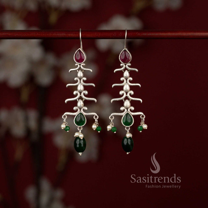 Stunning oxidised layered teardrop earrings with branch structure, ruby green tones and pearls perfect for ethnic wear – Sasitrends