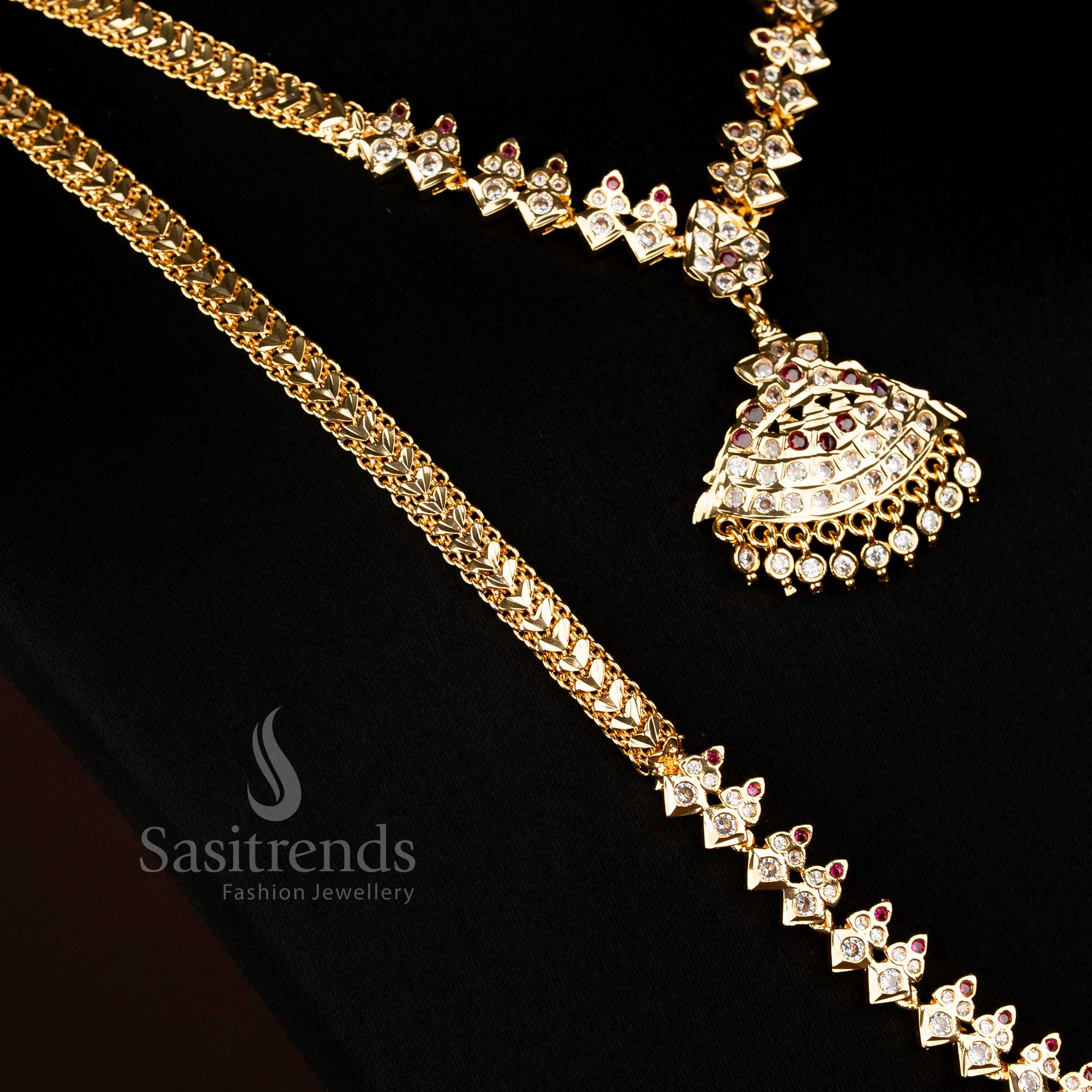 Regal guaranteed micro gold plated Impon long short combo necklace jewellery set with white ruby gemstones and classic earrings for heritage elegance - Sasitrends