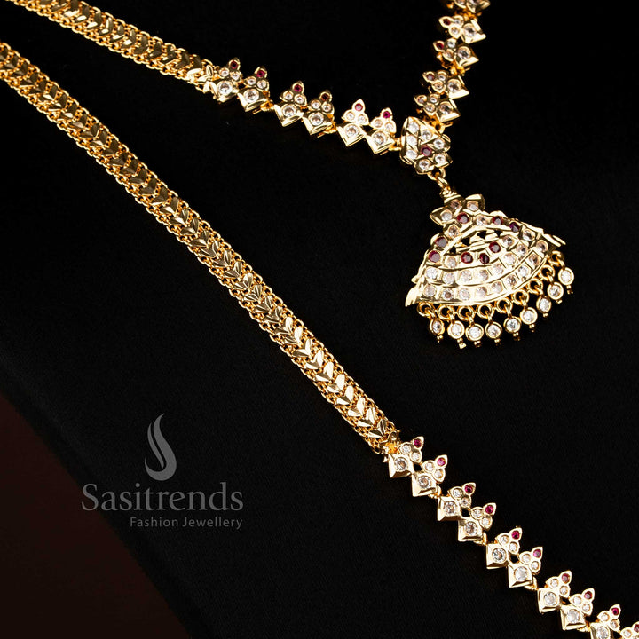 Regal guaranteed micro gold plated Impon long short combo necklace jewellery set with white ruby gemstones and classic earrings for heritage elegance - Sasitrends