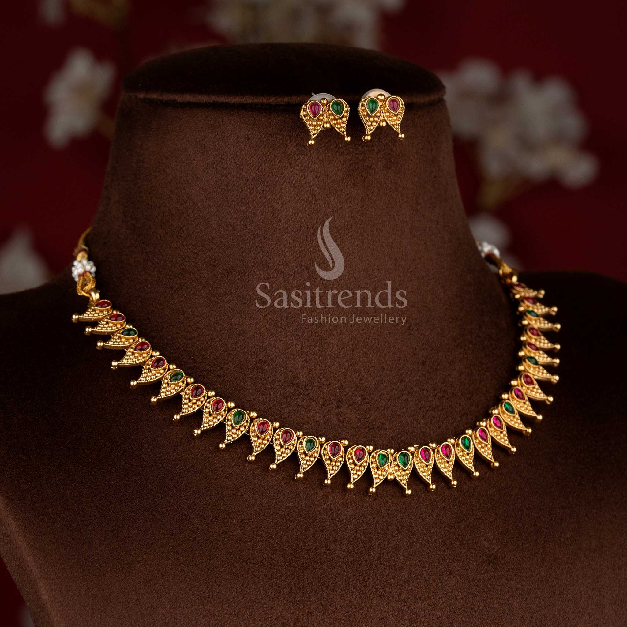 Regal classic matte gold plated ruby-green necklace set with drop stone earrings for celebration-ready styling – Sasitrends