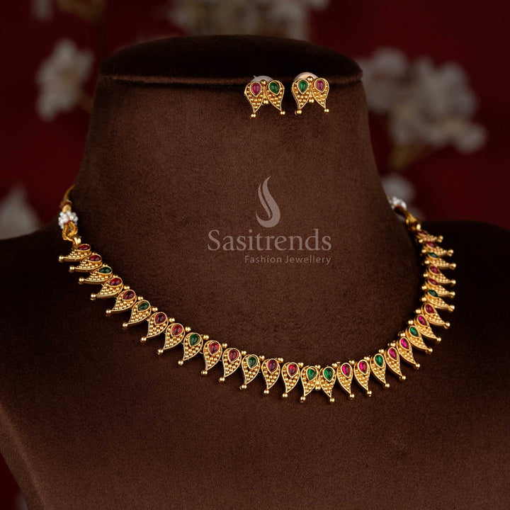 Regal classic matte gold plated ruby-green necklace set with drop stone earrings for celebration-ready styling – Sasitrends