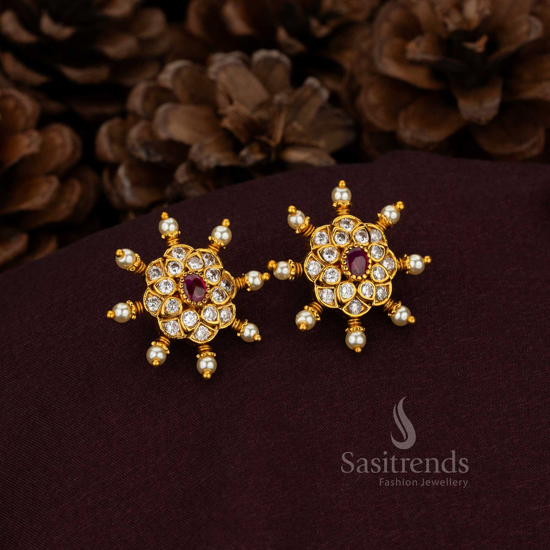 Splendid Oval Floral Stud Earrings Designed With Celestial Pearl Accents And Radiant Gold Detailing – Resplendent Aristocratic Jewellery Perfect For Lavish Celebrations And Cultural Grandeur – Sasitrends