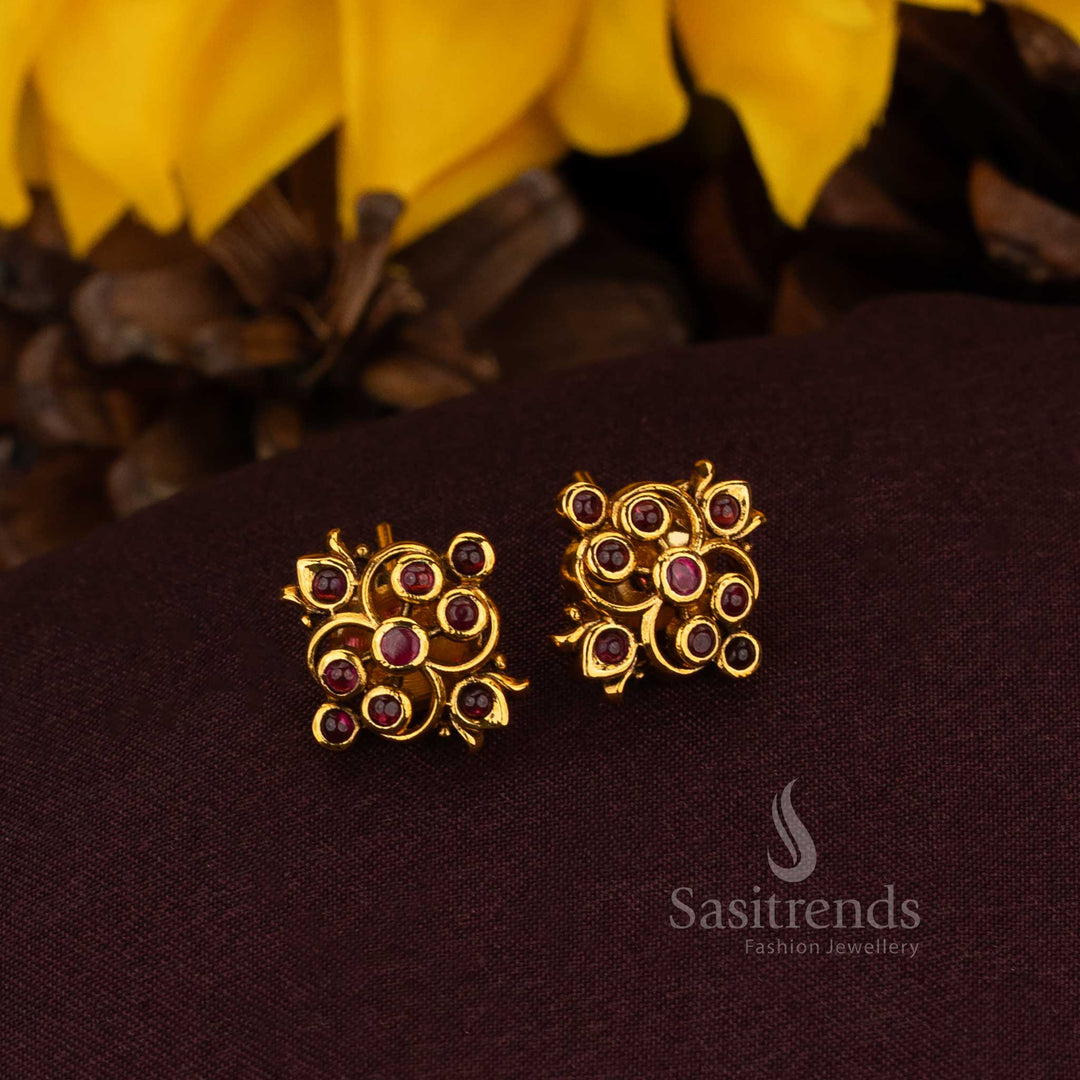 Majestic ruby AD floral cluster stud earrings with exquisite detailing and matte gold artistry designed for aristocratic grandeur and timeless jewellery traditions – Sasitrends