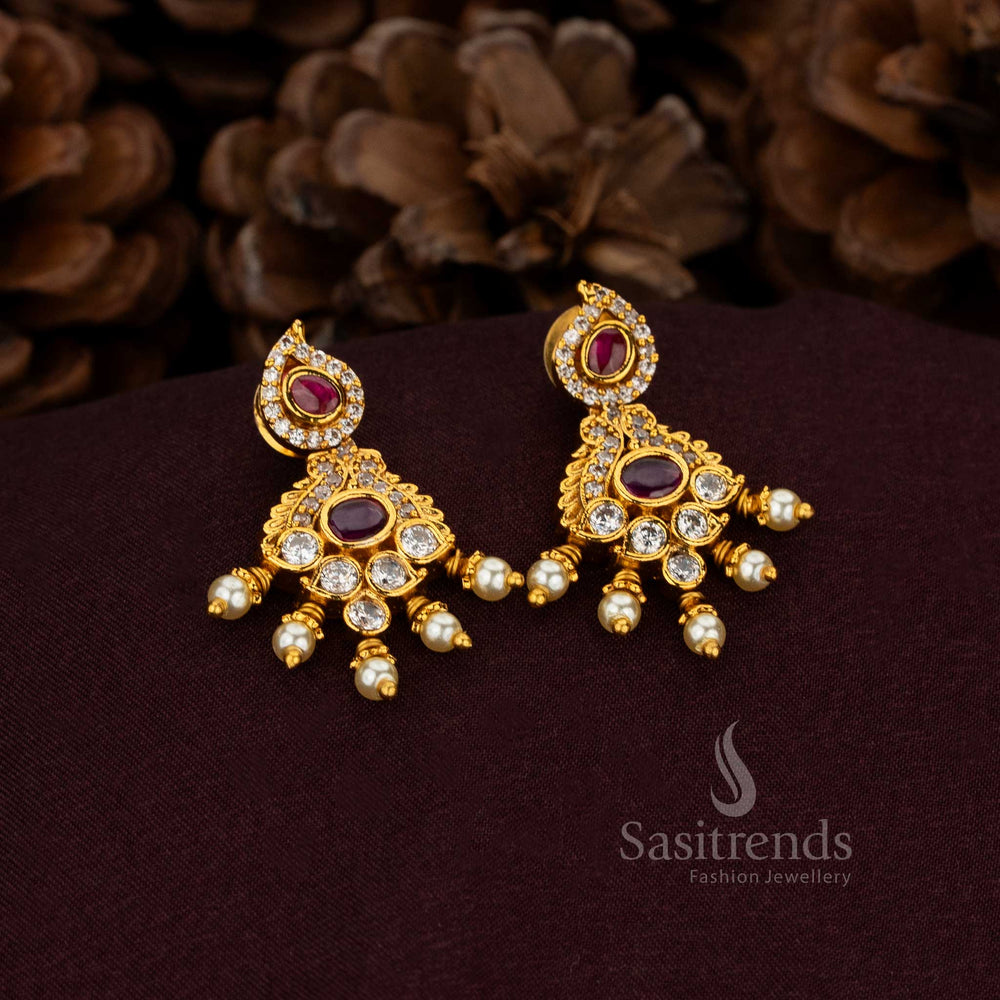 Resplendent White Ruby Paisley Earrings Featuring Celestial Gold Plating With Radiant Pearl Accents – Exquisite Regal Jewellery Made For Noble Weddings And Cultural Grandeur – Sasitrends